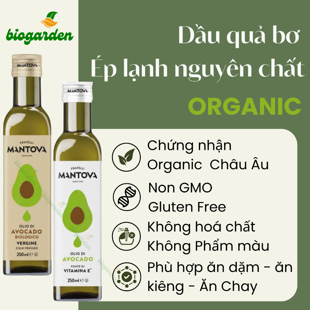 Dầu quả bơ Organic ép lạnh nguyên chất Avocado oil 250ml Mantova - Ăn Kiêng - Ăn Dặm - Làm đẹp - Bio