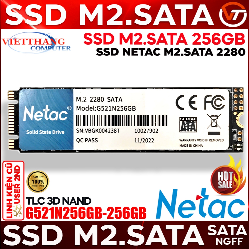 Ổ cứng SSD M2 SATA Netac G521N256GB 256GB Chuẩn M2.SATA NGFF SSD cũ đã qua sử dụng  ( Cũ - 2nd )