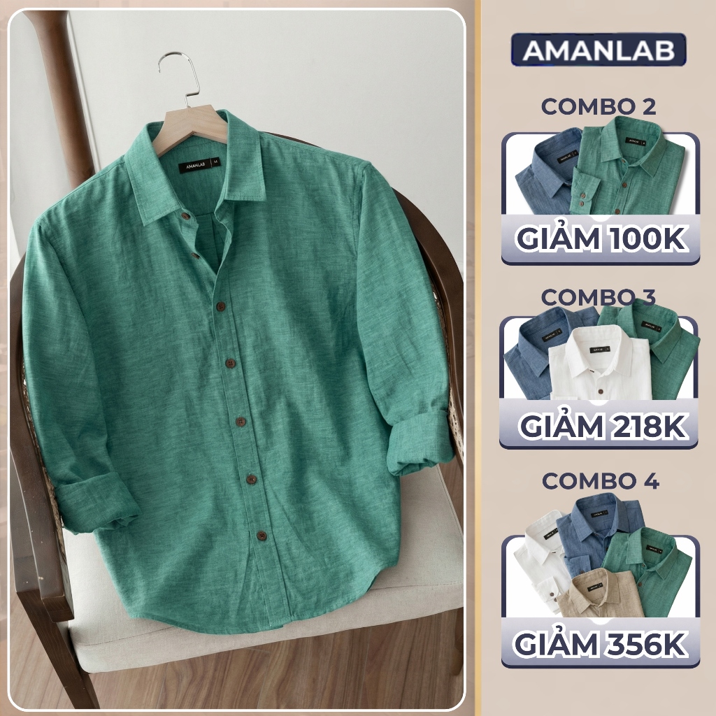 Áo sơ mi nam dài tay chất vải linen sợi sồi, thoáng mát. form regular thoải mái WOOD BUTTON  AMANLAB
