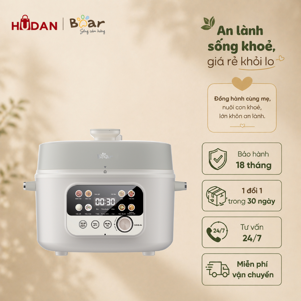 Nồi áp suất BEAR 4L SB-AS40W Tiếng Việt 8 Chế Độ Ninh Hầm Lẩu Nướng Sôi Nhanh Chống Dính An Toàn Dễ