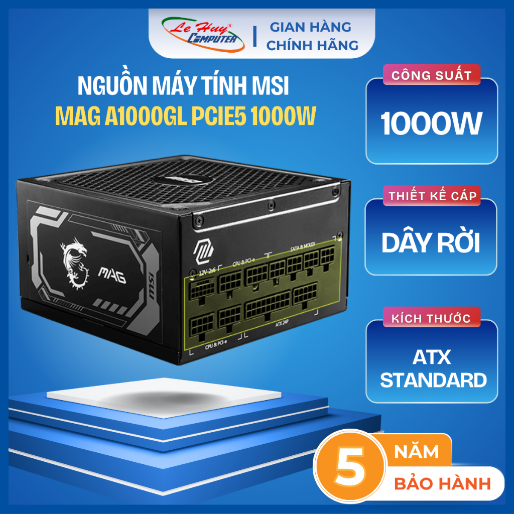Nguồn MSI MAG A1000GL PCIE5 1000W 80 Plus Gold (MAG-A1000GL-PCIE5) - Hàng Chính Hãng
