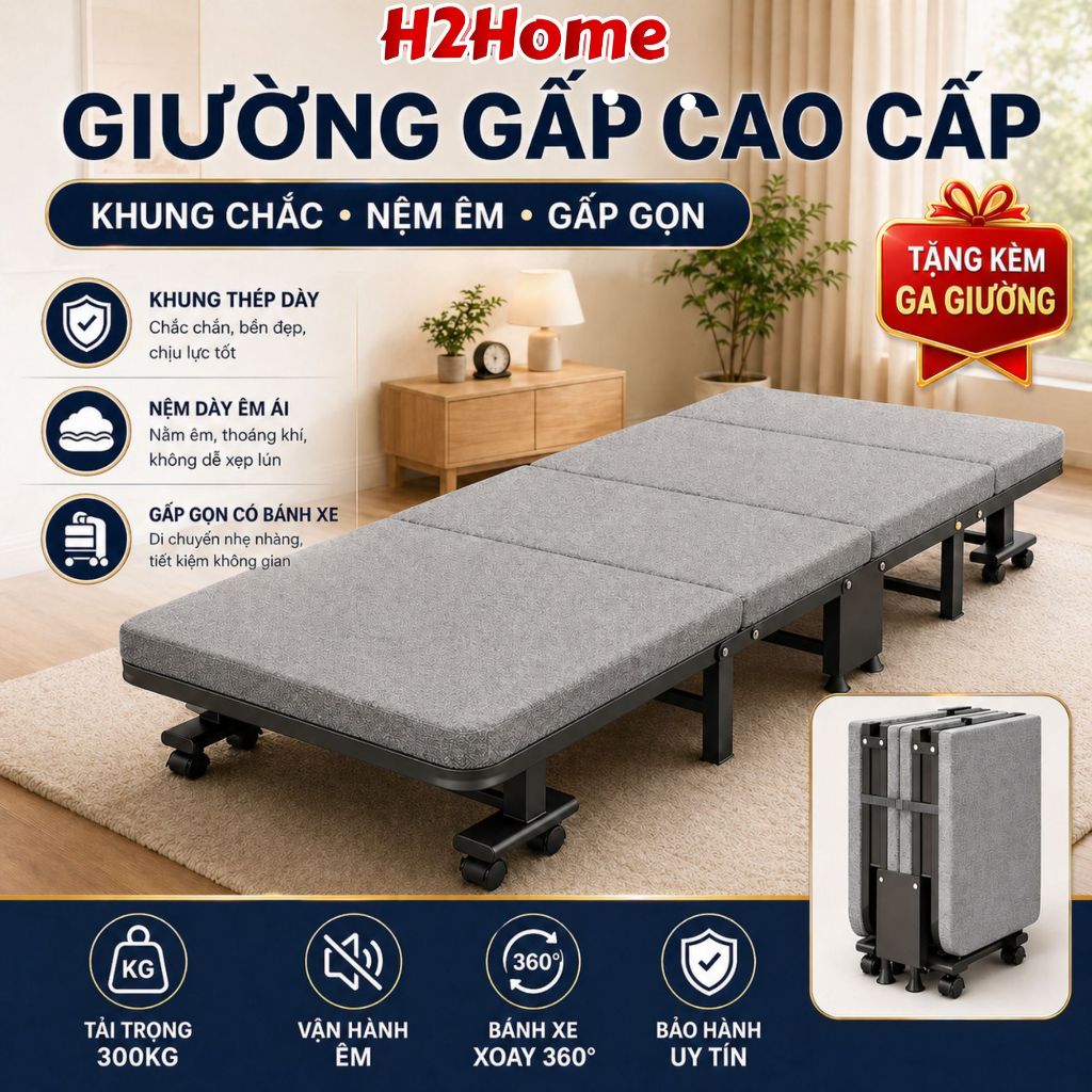 Giường gấp văn phòng, giường xếp cao cấp gấp gọn 4 khúc H2Home khung hợp kim sơn tĩnh điện siêu bền 