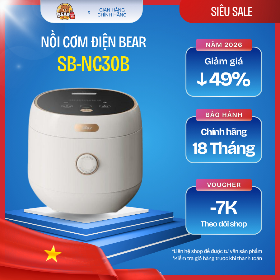 Nồi Cơm Điện Bear SB-NC30B 3L Nấu Nhanh Giữ Ấm Lâu Lòng Chống Dính Dễ Vệ Sinh Bảo Hành 18 Tháng