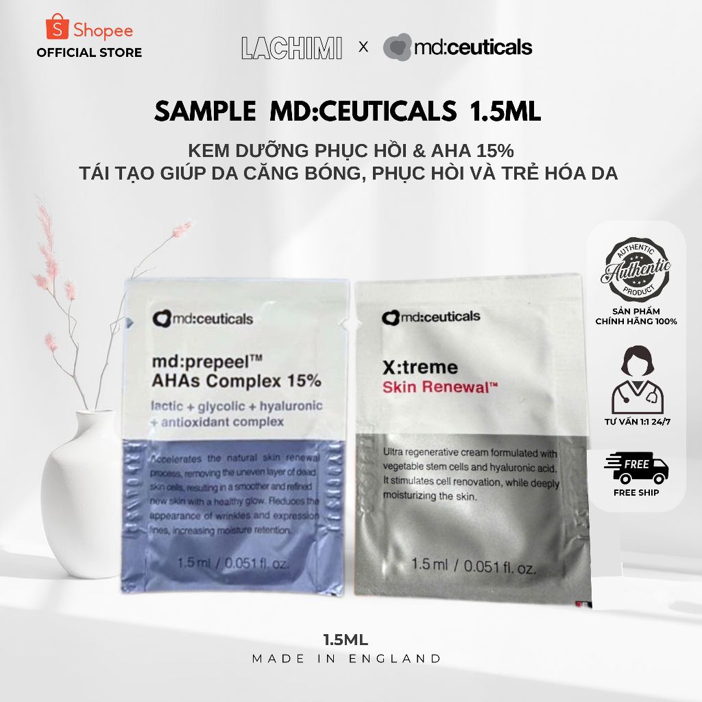 Sample Md:Ceuticals Kem dưỡng X:Treme Skin Renewal & md:prepeel AHAs 15% tái tạo, trẻ hóa da Lachimi