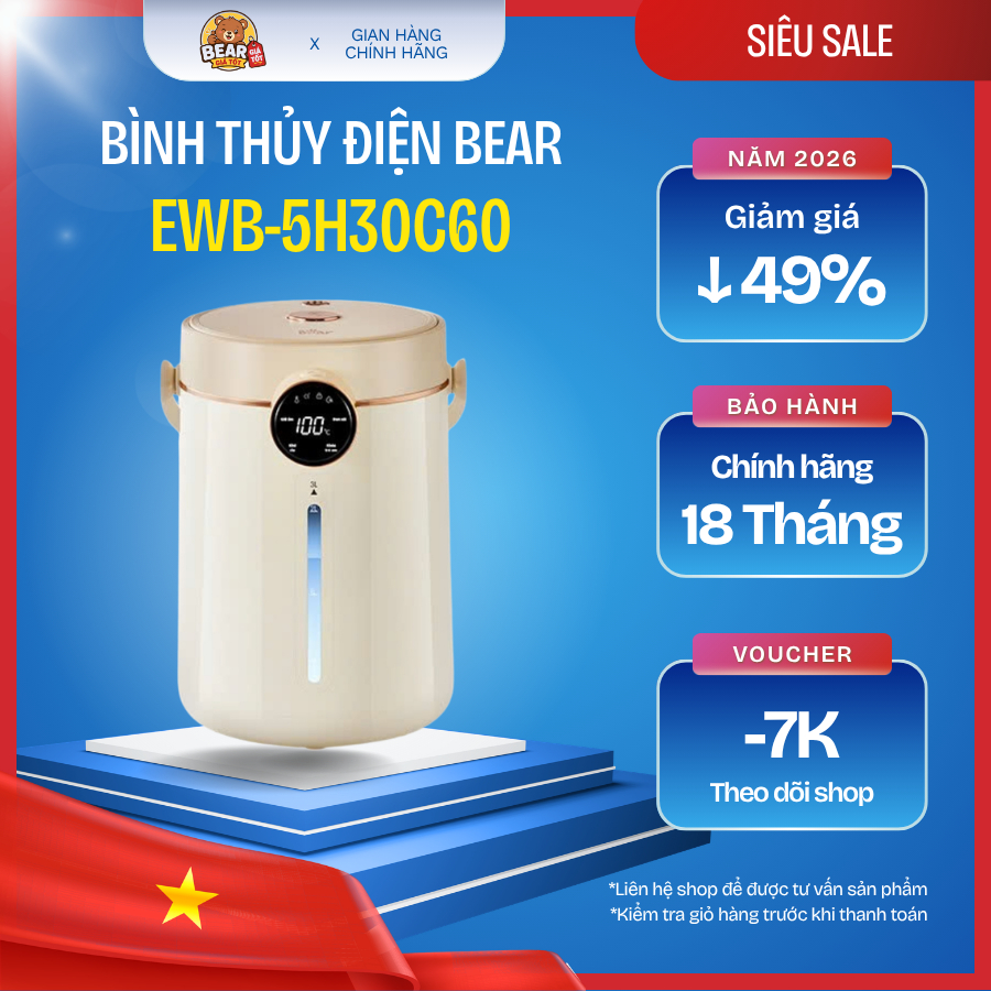 Bình thủy điện Bear 3L EWB-5H30C60 - Bear Giá Tốt - Bảo hành 18 tháng & sử dụng 30 ngày đầu có lỗi đ