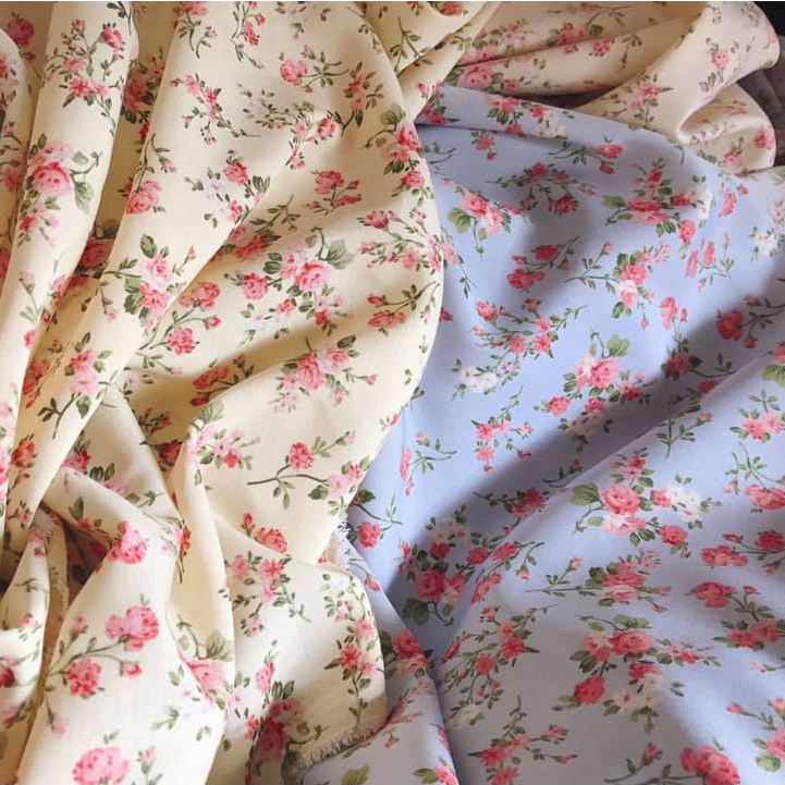 ⚡GIÁ SỈ⚡Vải lụa họa tiết hoa nhí xinh xắn màu xanh, vàng, hồng, trắng khổ 1m5