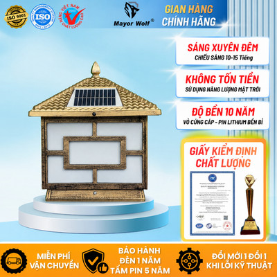 Đèn Trụ Cổng Vàng Đồng Năng Lượng Mặt Trời Mái Nhật Cao Cấp 3 Màu Sáng Chống Nước- Biệt Thự