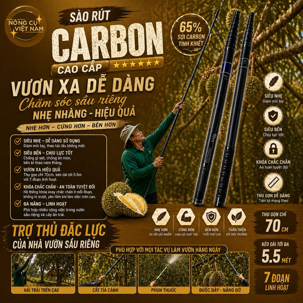 [Carbon] Sào Rút 3m & 6m Carbon tỉ lệ 65%. Uy tín & chất lượng. [Sào + 3 Phụ Kiện: Liềm Tỉa, Cào Bôn