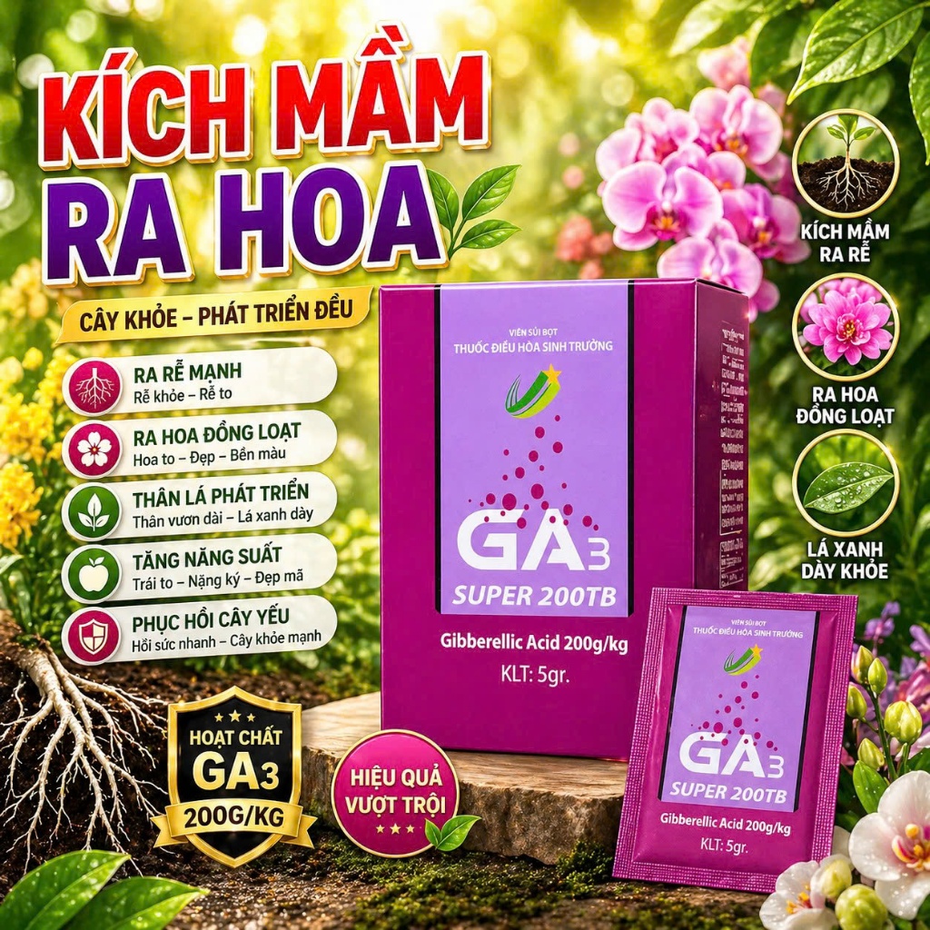 GA3 SUPER 200TB 5g - Kích Thích Sinh Trưởng, Tăng Ra Hoa, Kéo Dài Thân, Phục Hồi Cây Yếu - Dùng Cho 