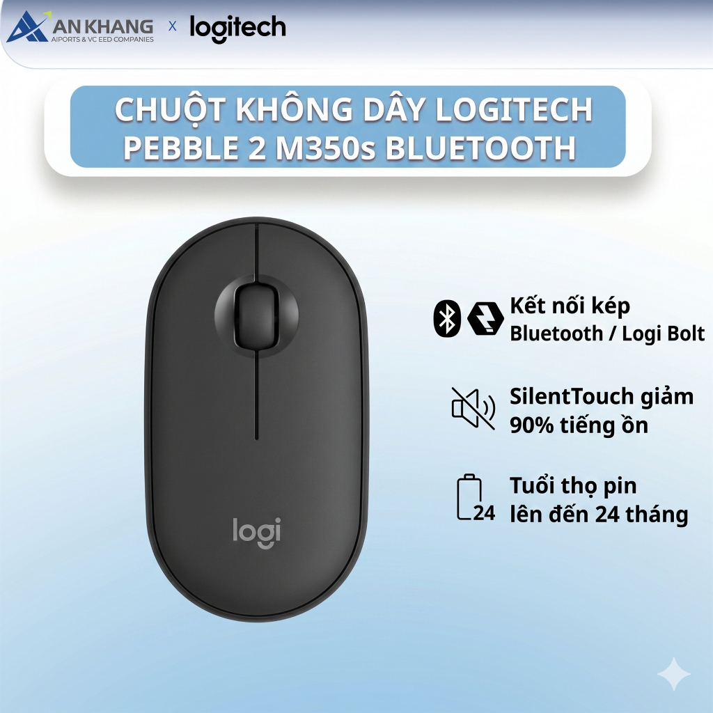 Chuột Không Dây Logitech Pebble 2 M350s Bluetooth - Silent Touch, Mỏng Nhẹ,Kết Nối 3 Thiết Bị Bảo Hà