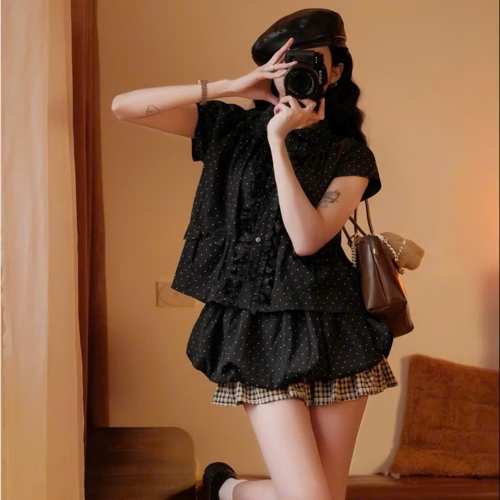 Set Áo Babydoll Chấm Bi Nữ Hari Mix Chân Váy Bí Dáng Xinh, Set Đồ Tiểu Thư Dễ Thương 2050