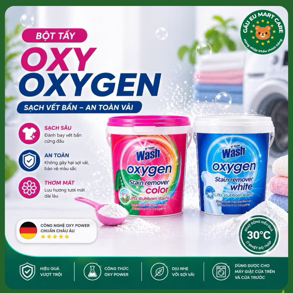 Bột tẩy Oxy At Home Wash Oxygen 900g/1000g – Tẩy sạch vết bẩn, trắng sáng & giữ màu, không chứa clo