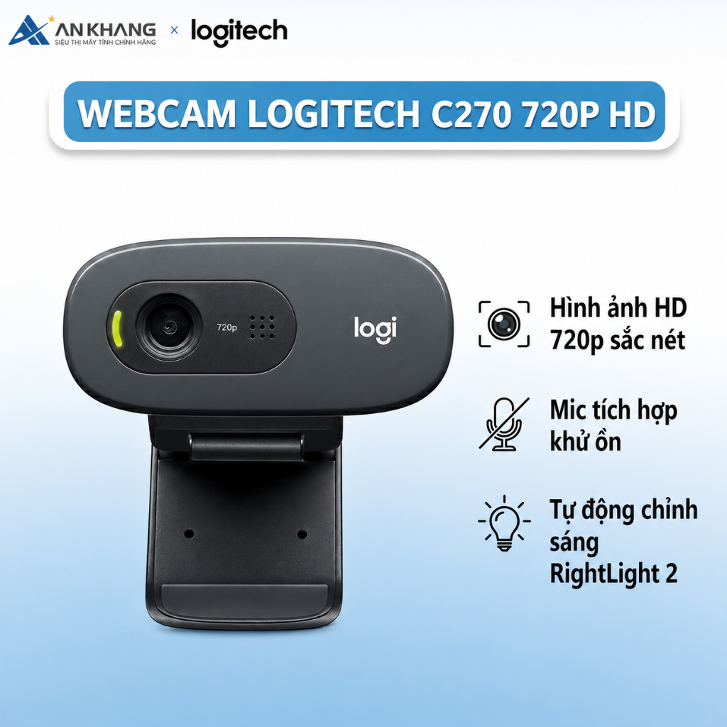 Webcam Logitech C270 HD 720p Có Mic Chống Ồn Tự Chỉnh Sáng,Học Online & Họp Zoom - Hàng Chính Hãng B
