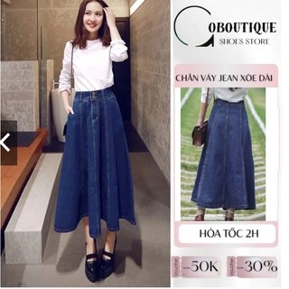 Chân váy jean xòe dài 2 nút C011 xòe rộng dáng dài chống nắng