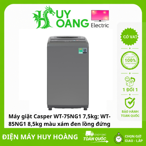 [Lắp đặt 0đ PD-HTM-HN] -Máy giặt Casper WT-75NG1 7,5kg; WT-85NG1 8,5kg màu xám đen lồng đứng