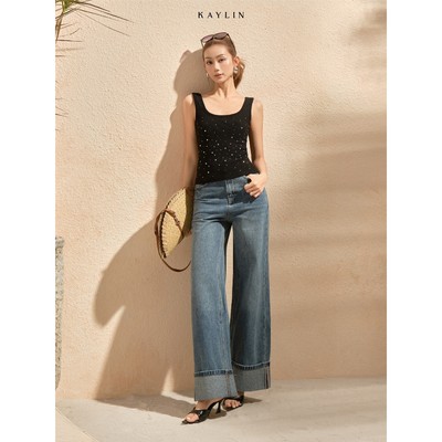 Quần Jean KAYLIN Cuffed form suông lật lai chất vải denim dầy dặn phong cách retro BST HER ELEMENT - Q181