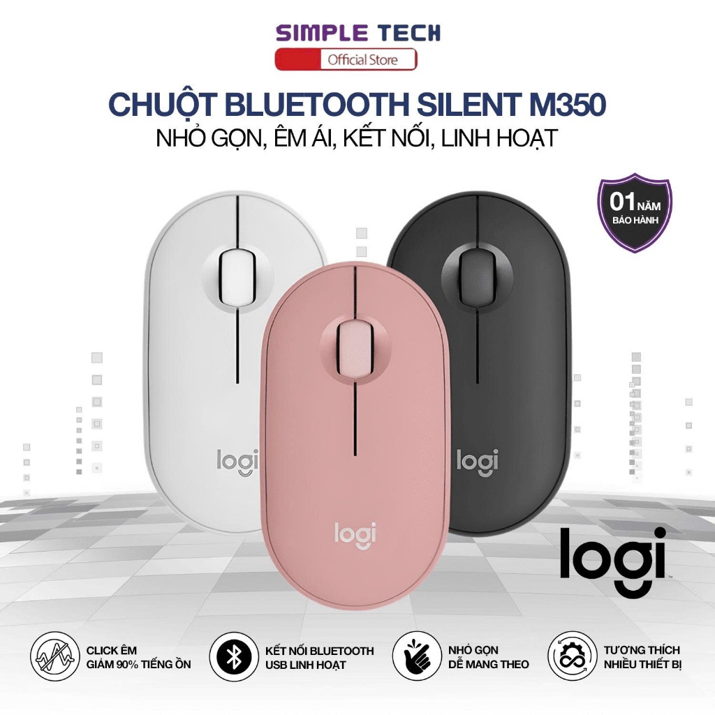 Chuột Bluetooth Không Dây Logitech M350 Pebble  Silent Click Giảm 90% Tiếng Ồn, Dùng Cho Macbook,Lap
