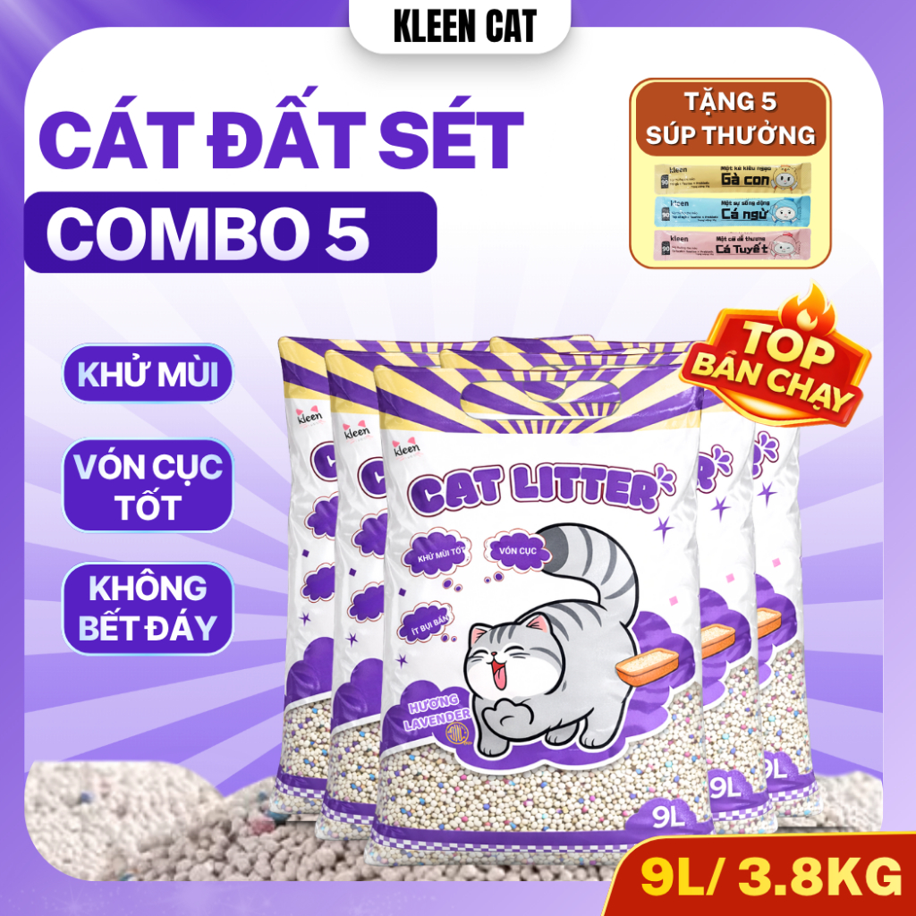 [HỎA TỐC] Combo 5 túi Cát Mèo Kleen tải 19kg, Cát Mèo Vệ Sinh Khử Mùi Diệt Khuẩn - KLEENCAT