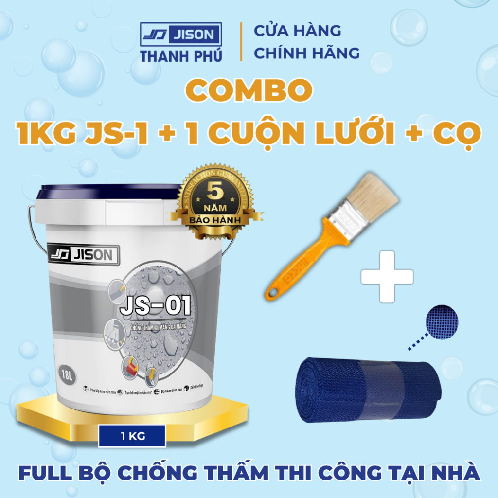 Combo sơn chống thấm Jison JS01 1kg, cuộn lưới vách, cọ quét, chuyên dùng xử lý giáp ranh, vết nứt