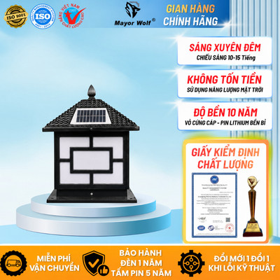 Đèn Trụ Cổng Màu Đen Năng Lượng Mặt Trời Mái Nhật Cao Cấp 3 Sáng - Chống Nước Trang Trí Biệt Thự