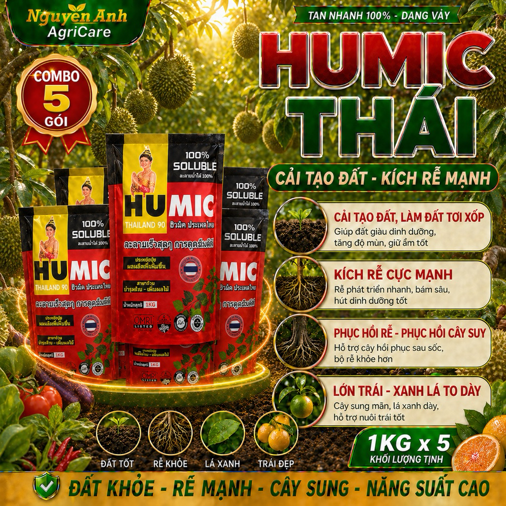 Combo 5 Gói Humic Thái 1Kg – Cải Tạo Đất Tơi Xốp, Kích Rễ Mạnh, Bật Đọt Nhanh, Lá Dày Xanh