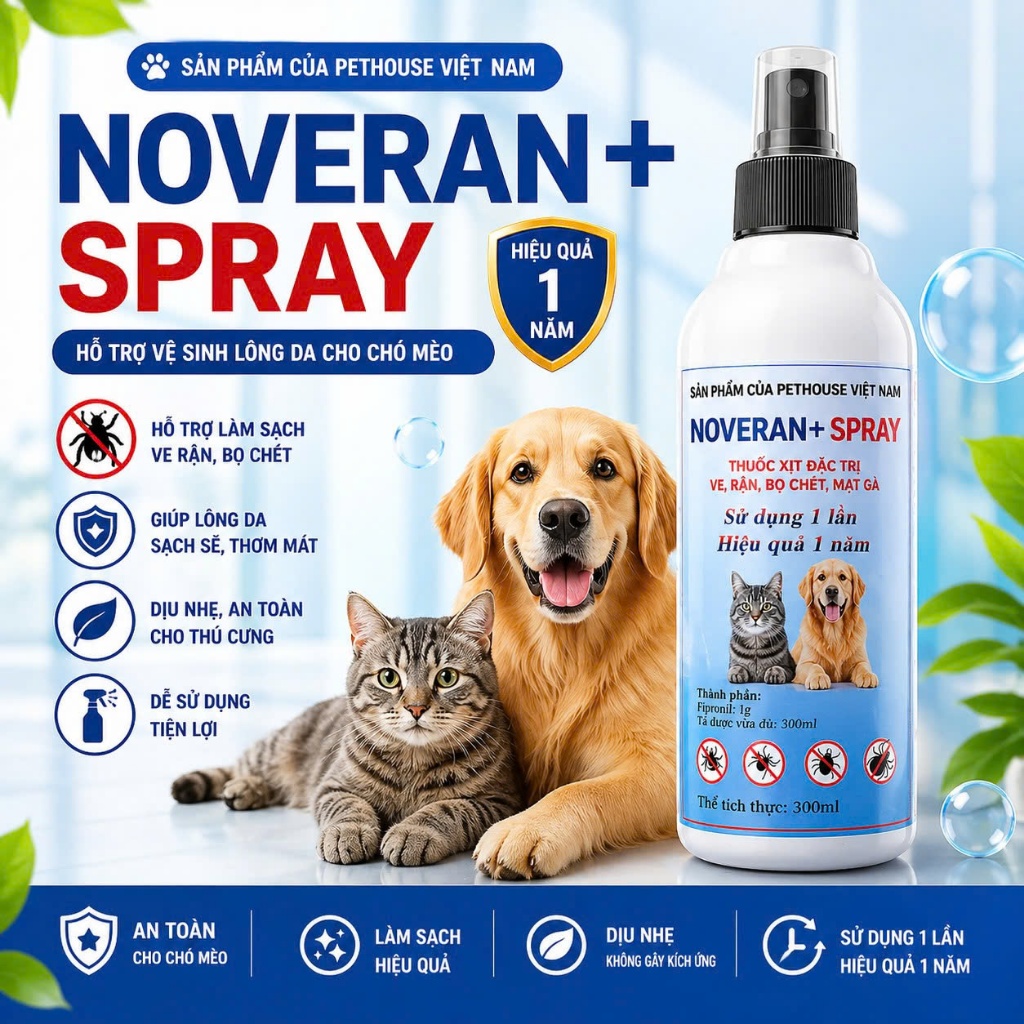 NOVERAN+ Spray Chai Xịt Cho Chó Mèo - Diệt Ve, Rận, Bọ, Mạt Trên Chó Mèo Và Môi Trường