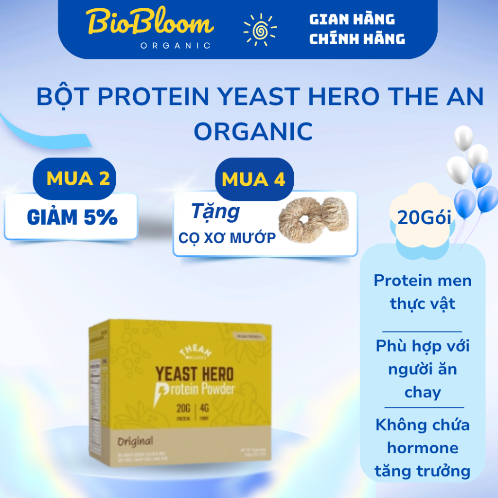 Bột đạm Yeast Hero Protein Hộp 620g (20 gói x 31g) The An Organics, Bột Đạm Lên Men Thuần Chay