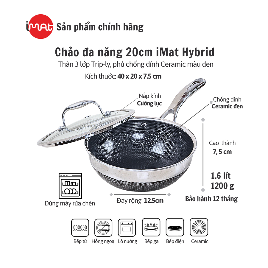 [IMAT chính hãng] Chảo xào/ đa năng sâu lòng inox iMat Hybrid Blackcube 20cm chống dính Ceramic đen