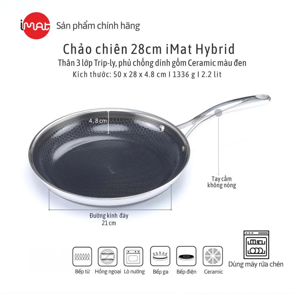 [IMAT chính hãng] Chảo chiên inox iMat Hybrid Blackcube 28cm Blackcube chống dính Ceramic đen