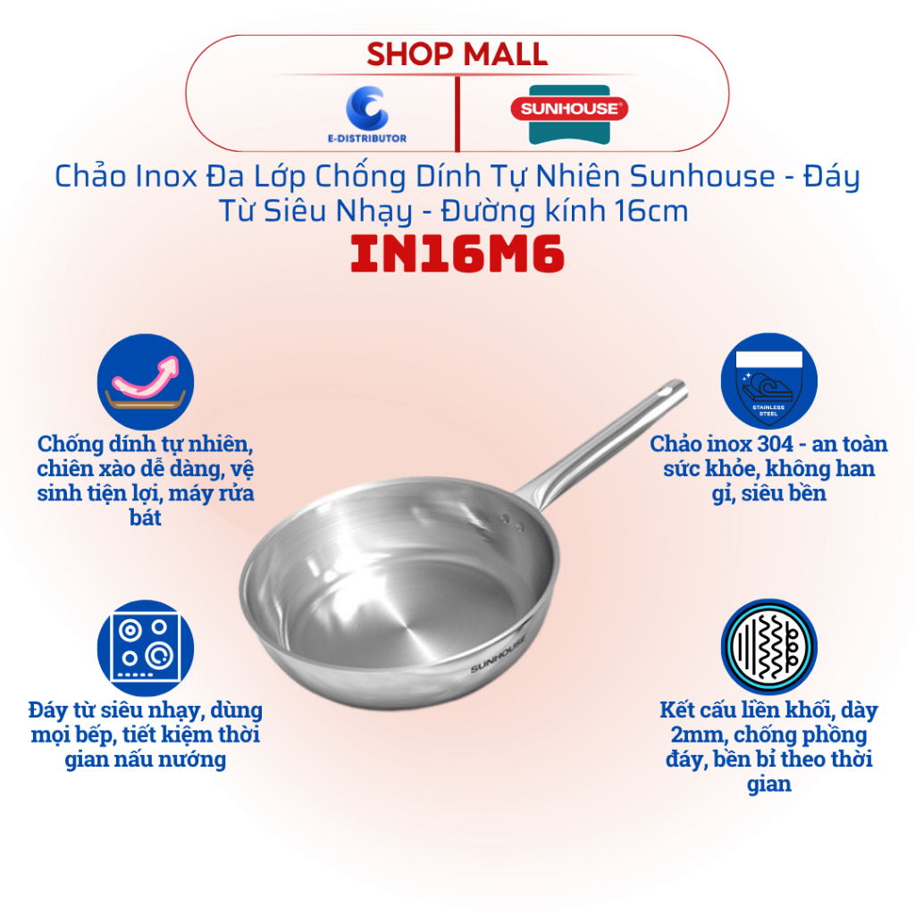 [HỎA TỐC] Chảo inox đa lớp Sunhouse IN16M6 - Đường kính 16cm - Hàng chính hãng