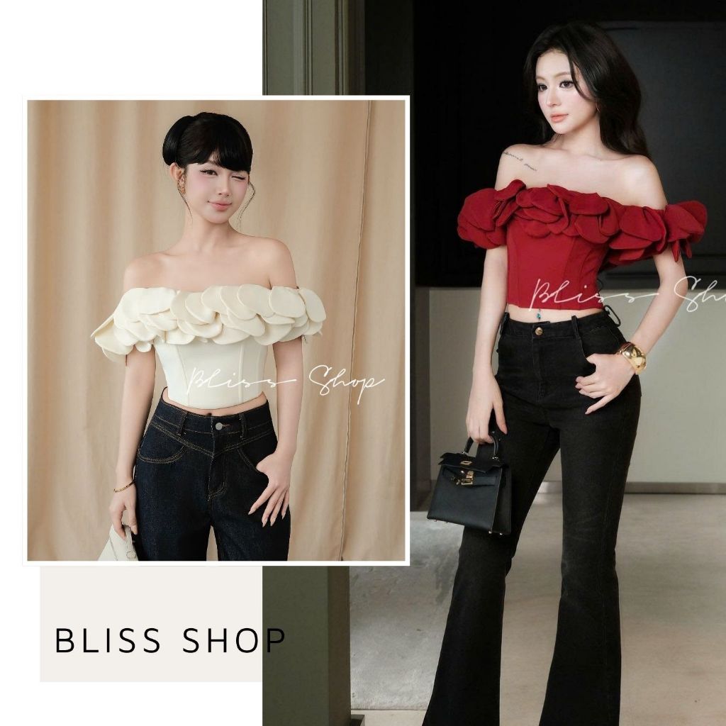 [Thiết Kế Cao Cấp] Áo Croptop Trễ Vai Phối Họa Tiết Cánh Hoa Sang Trọng Dễ Phối Đồ Bliss Shop - A820