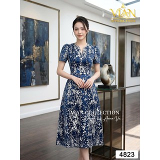 (Có sẵn) Váy Thiết Kế 4823 Chất Gấm Lụa Kết Hợp Cổ V Được Đính Đá Tinh Xảo Từ