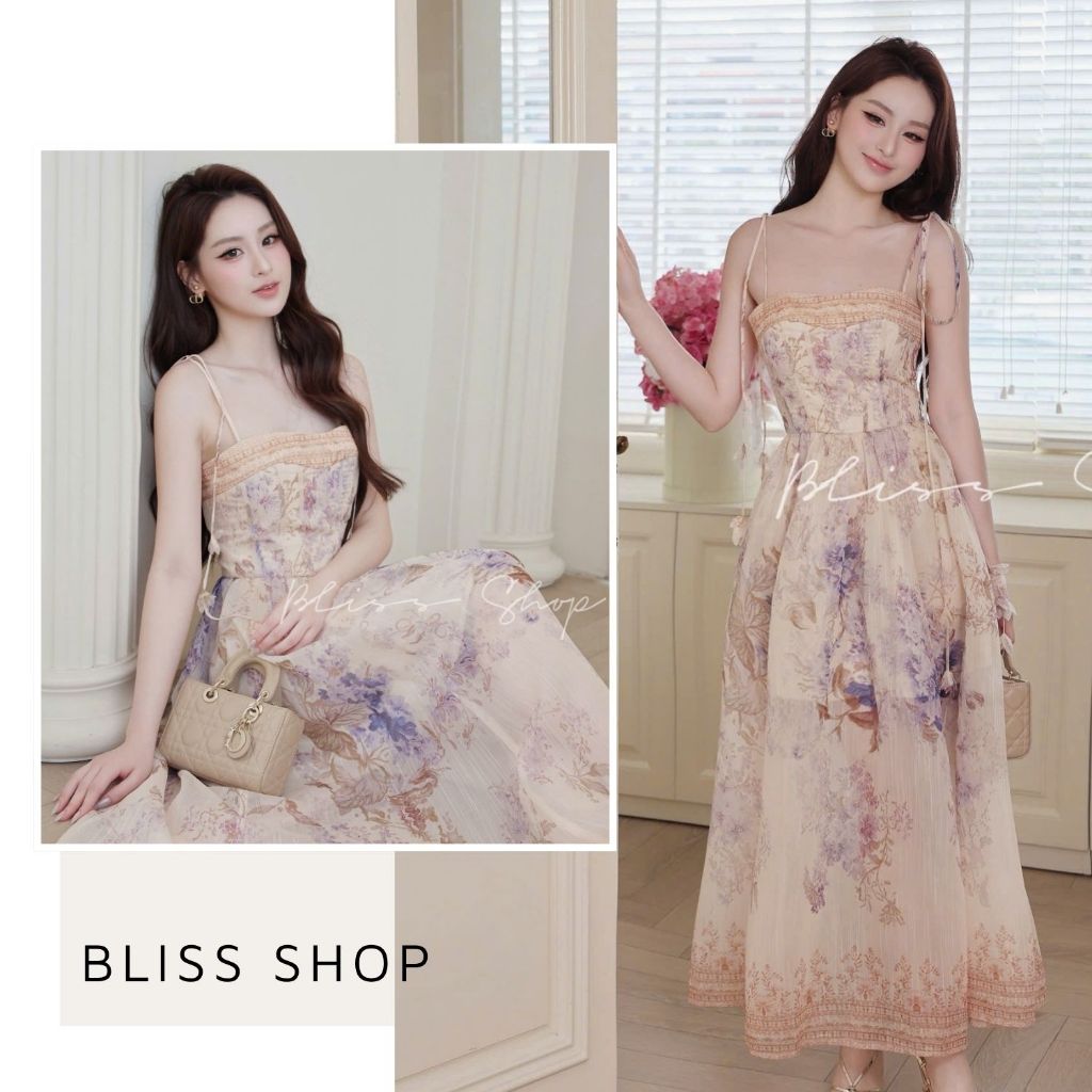 [Thiết Kế Cao Cấp] Đầm Váy Tơ Dài 2 Dây Họa Tiết Nổi Bật Tôn Dáng Bliss Shop - V835