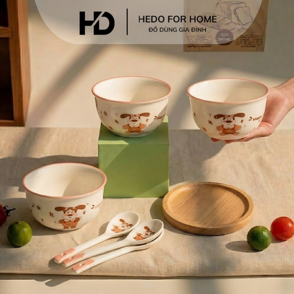 Bộ bát sứ cún hồng happy dog 4 chi tiết ( 2 bát, 2 thìa ) cute, set bát sứ dễ thương kèm thìa cho cặ