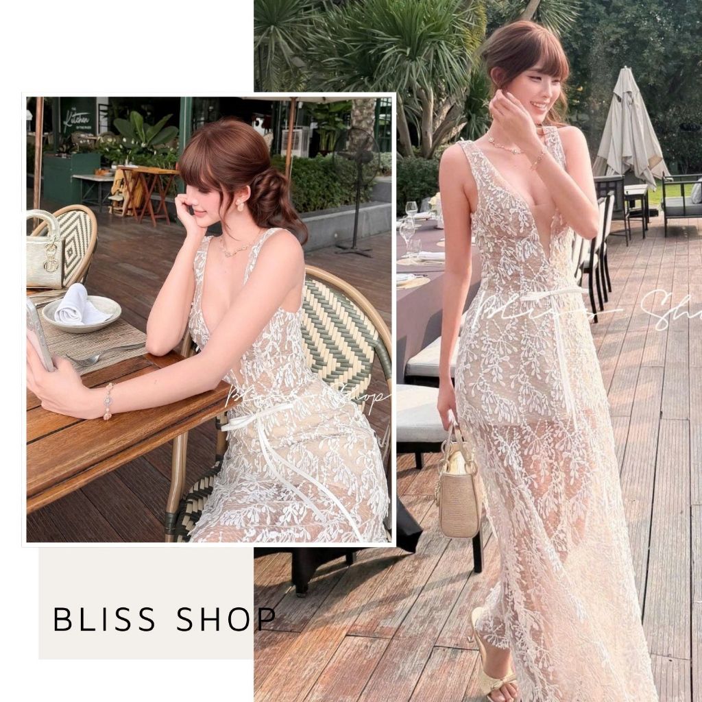 [Thiết Kế Cao Cấp] Đầm Ren Nhũ Hoa Họa Tiết Hoa Yêu Dáng Dài Nơ Eo Xinh Bliss Shop - V838