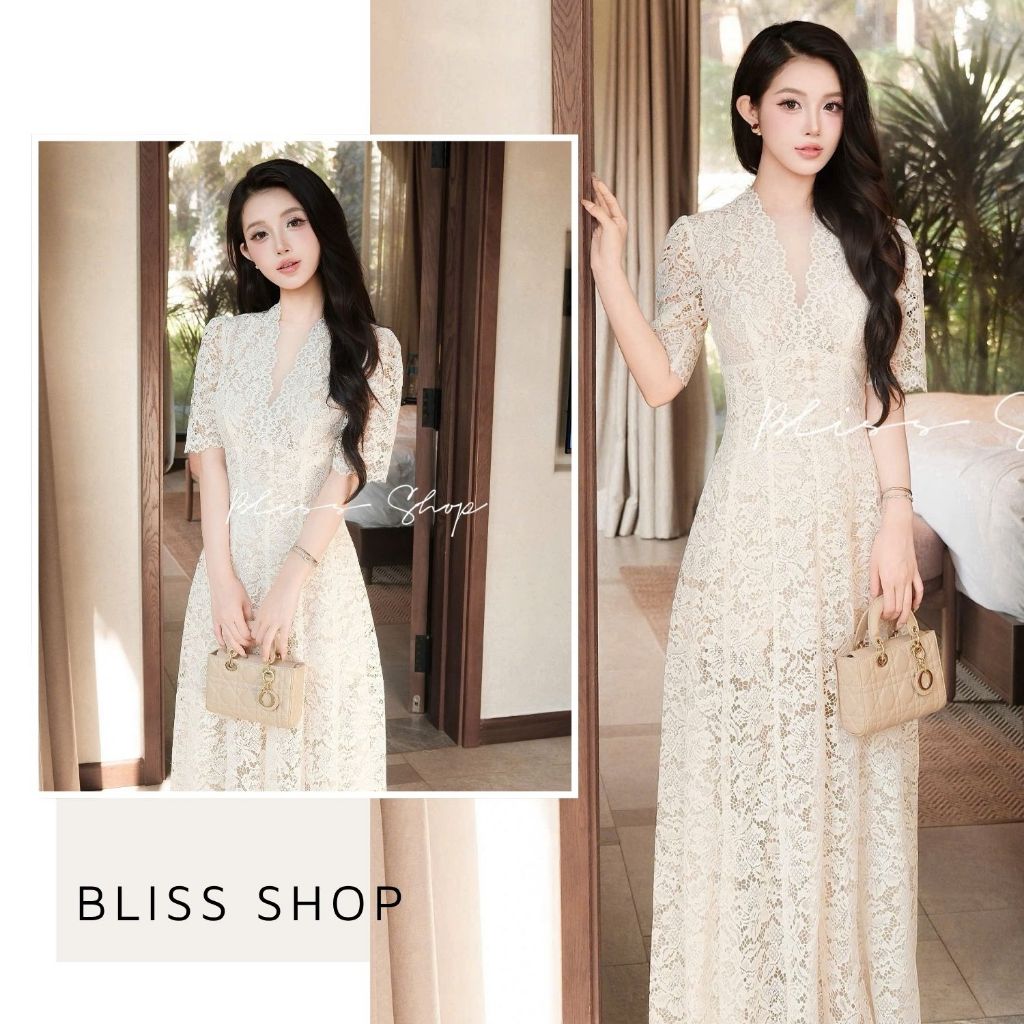 [Thiết Kế Cao Cấp] Đầm Ren Nhũ Hoa Họa Tiết Hoa Yêu Dáng Dài Tôn Dáng Bliss Shop - V845