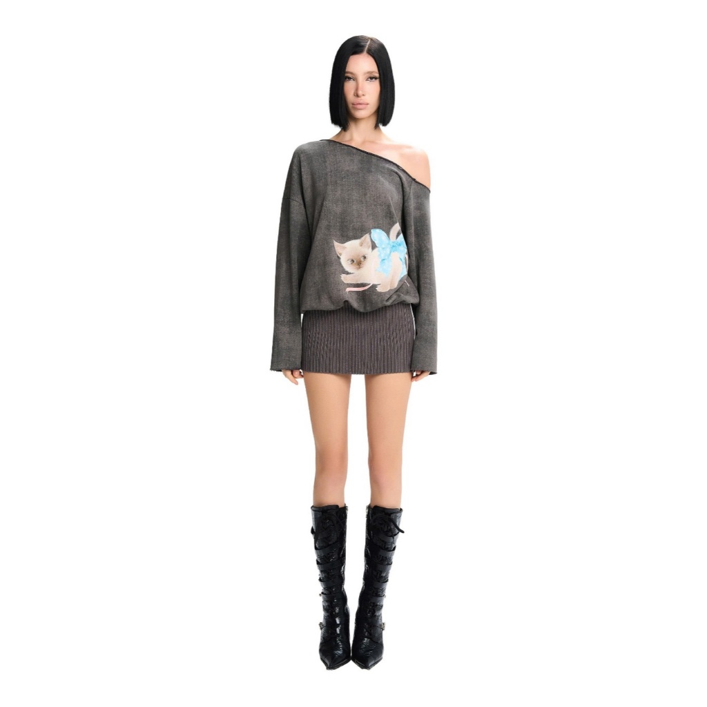 Đầm Trễ Vai Tay Dài Bo Gân Cotton Co Giãn In 3D Ling Dress