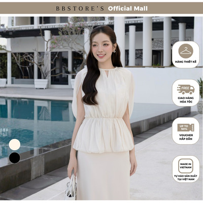 BBSTORE'S Áo Kiểu Tiệc Voan Tay Dơi Cổ Tròn Dáng Peplum Xếp Nhún Vải - AAE02T