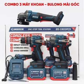 Combo Máy khoan + Máy siết bulong + Máy mài pin BOSSUN BS-CB3PCS, 2PIN 15CELL, Không Chổi Than Siêu Hot, Chính hãng