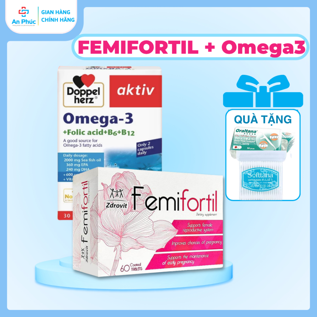 [COMBO BỔ TRỨNG] Femifortil + Dầu Cá Omega 3 - Vitamin Tổng Hợp, Giảm Mệt Mỏi, Hỗ Trợ Sinh Sản