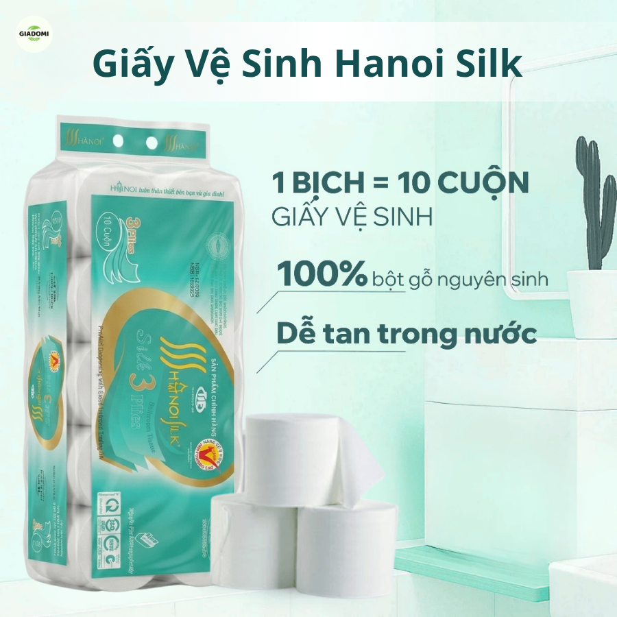 [ Loại Tiết Kiệm  ] Giấy Vệ Sinh Hanoi Silk 3 Lớp Xanh Dương Không Lõi - Chất Liệu Bột Gỗ Tan Nhanh 
