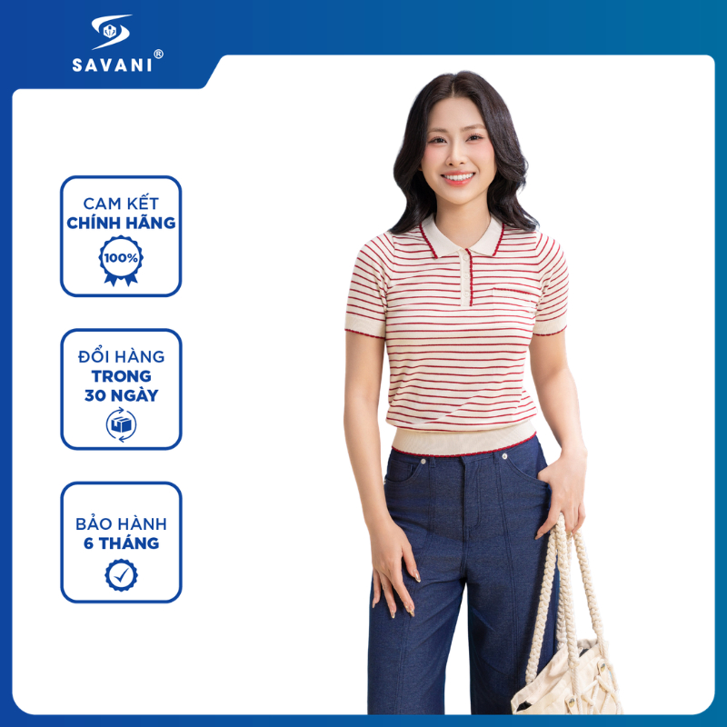 Áo Polo Mongtoghi Nữ Kẻ Ngang SAVANI, Chất Vải Mềm Mát, Co Giãn Tốt, Không Nhăn WPSA012S6