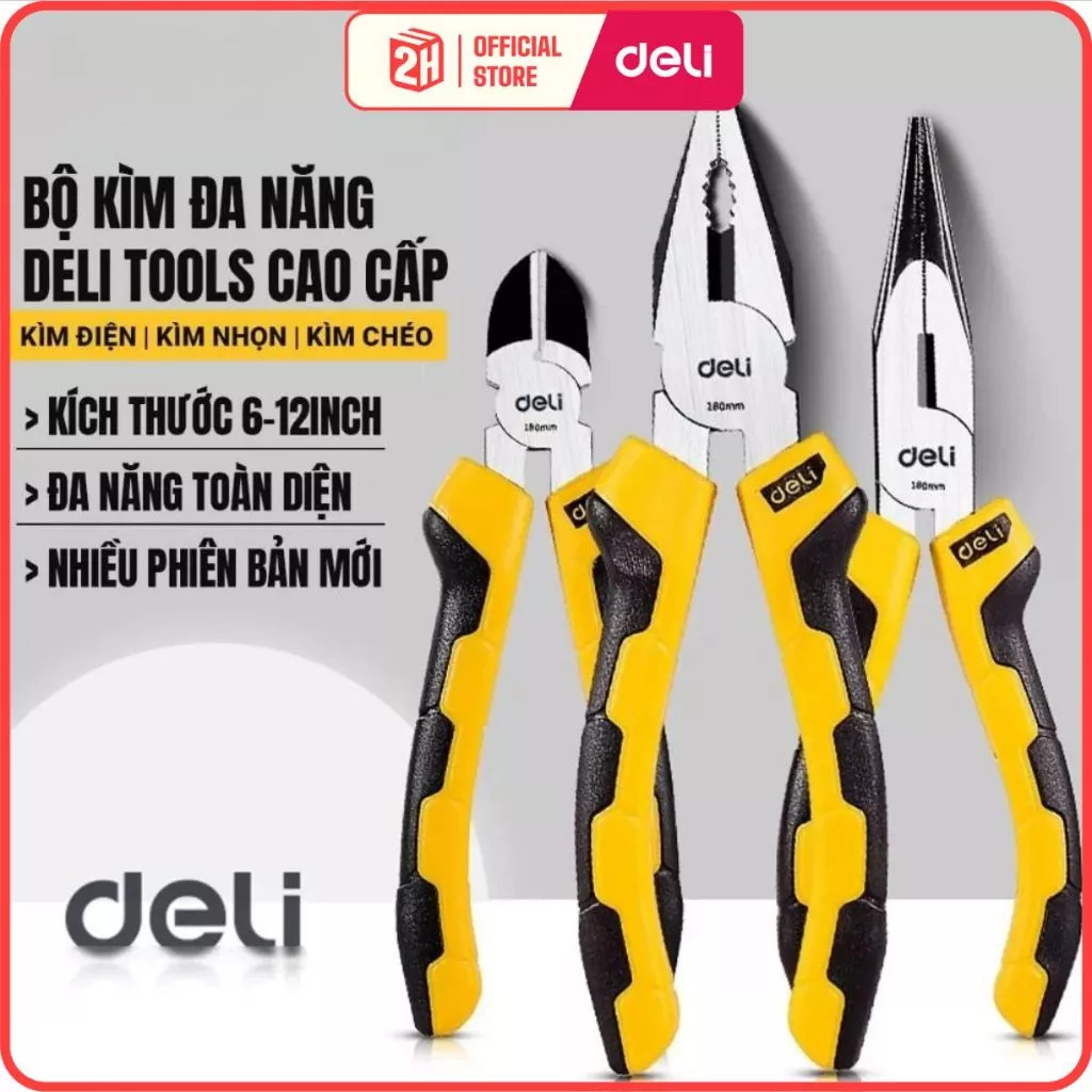 Bộ 3 Kìm Đa Năng Deli Thép CR-V Chống Gỉ- Kìm Cắt Dây Điện, Kìm Mũi Nhọn, Kìm Kẹp Cắt Thép, Tools