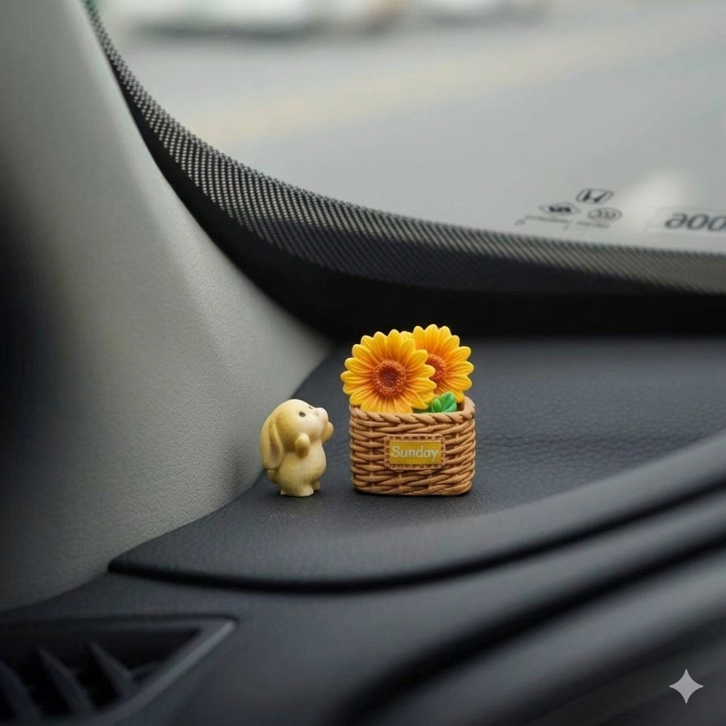 Set thỏ và giỏ hướng dương cute bày taplo xe hơi, trang trí ô tô, decor bàn làm việc, quà tặng