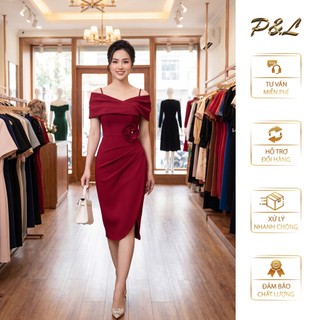 Váy Đầm Dự Tiệc Trung Niên BigSize Đi Cưới Thiết Kế Cao Cấp Đầm Đi Tiệc Trễ Vai Phụ Kiện Bông Eo PL2