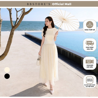BBSTORE'S Đầm Xòe Tiệc Cotton Dài Tùng Vòm Dáng Xòe Phối Ren Kim Sa - DAE04A