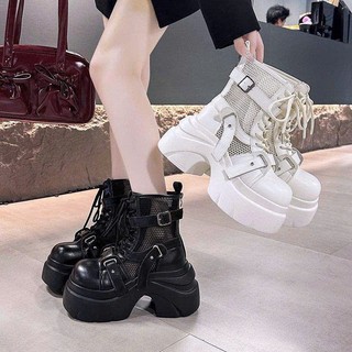 Bốt nữ cao cổ đế 8CM phối lưới cá tính khóa sau tiện lợi 2 màu Đen Trắng dễ phối đồ Giày Nhiên Mộc
