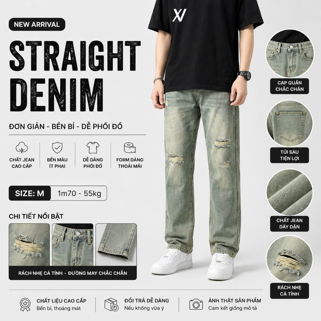 Quần jean nam ống suông Bagy Form Suông Ống Suông Wash Rách Phong Cách mới