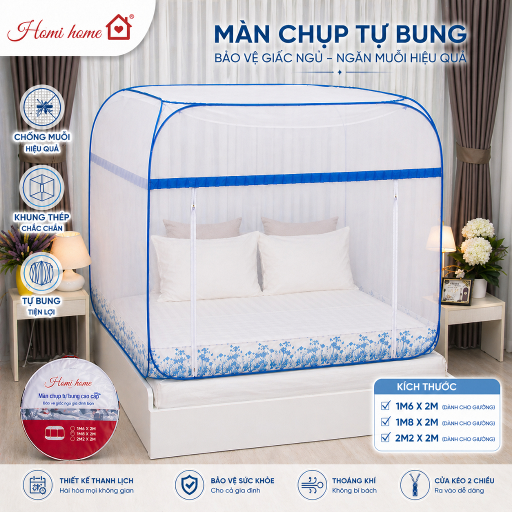 Màn chụp đỉnh vuông cao cấp,mùng tự bung ngủ để giường thông minh, mắt nhỏ chống muỗi có viền