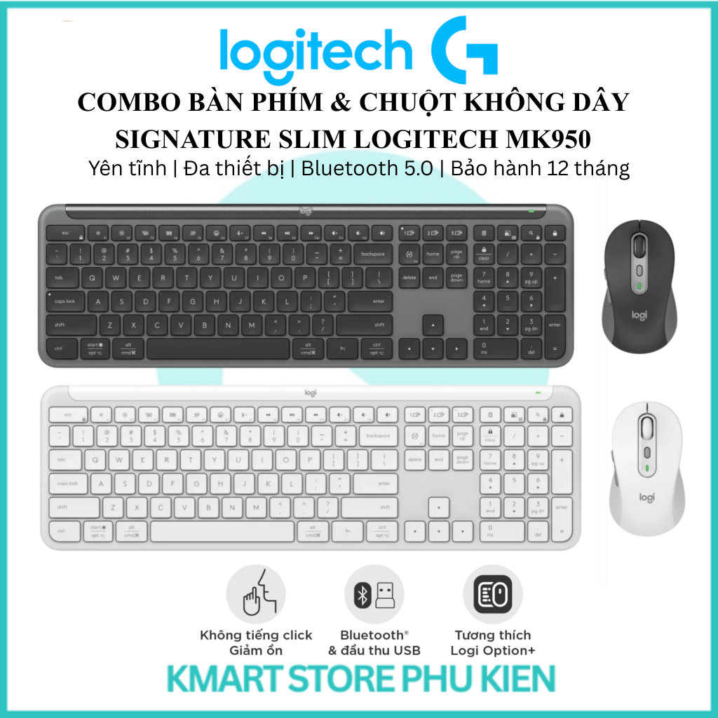 Combo bàn phím và chuột không dây Signature slim Logitech MK95 | Yên tĩnh | Đa thiết bị | Bluetooth 